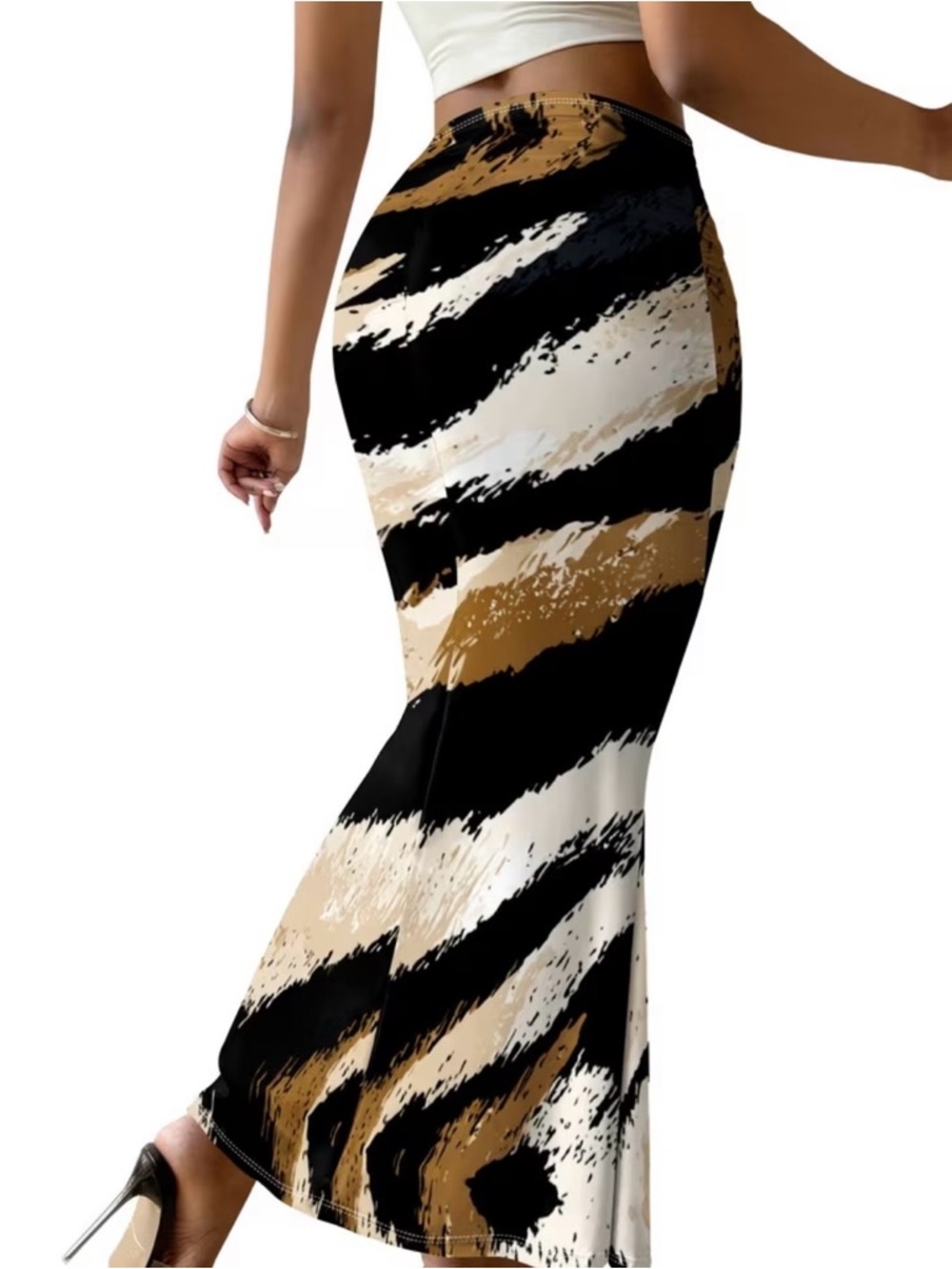 High-Waist Maxi Pencil Skirt in Black and Tan Brushstroke